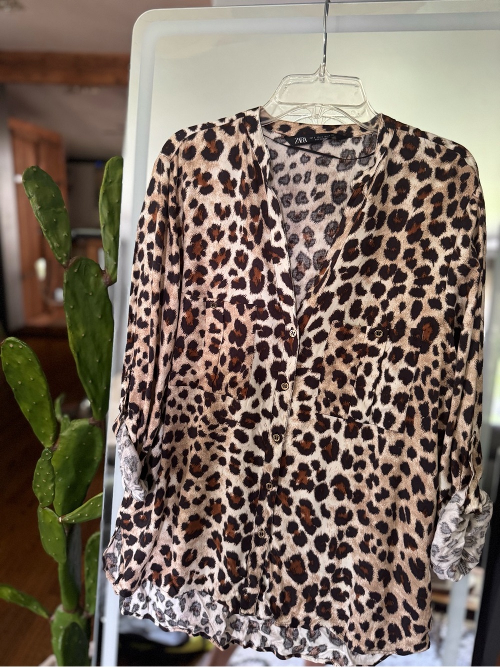 Zara Leopard Print Button-Down Blouse - Brown/Black/Cream sz S